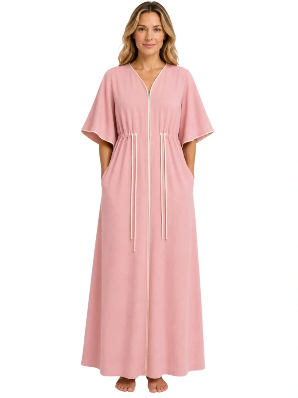 Vanity Fair Vintage 80s Hostess Lounge Dress Robe Pink Zip Front Pockets Medium